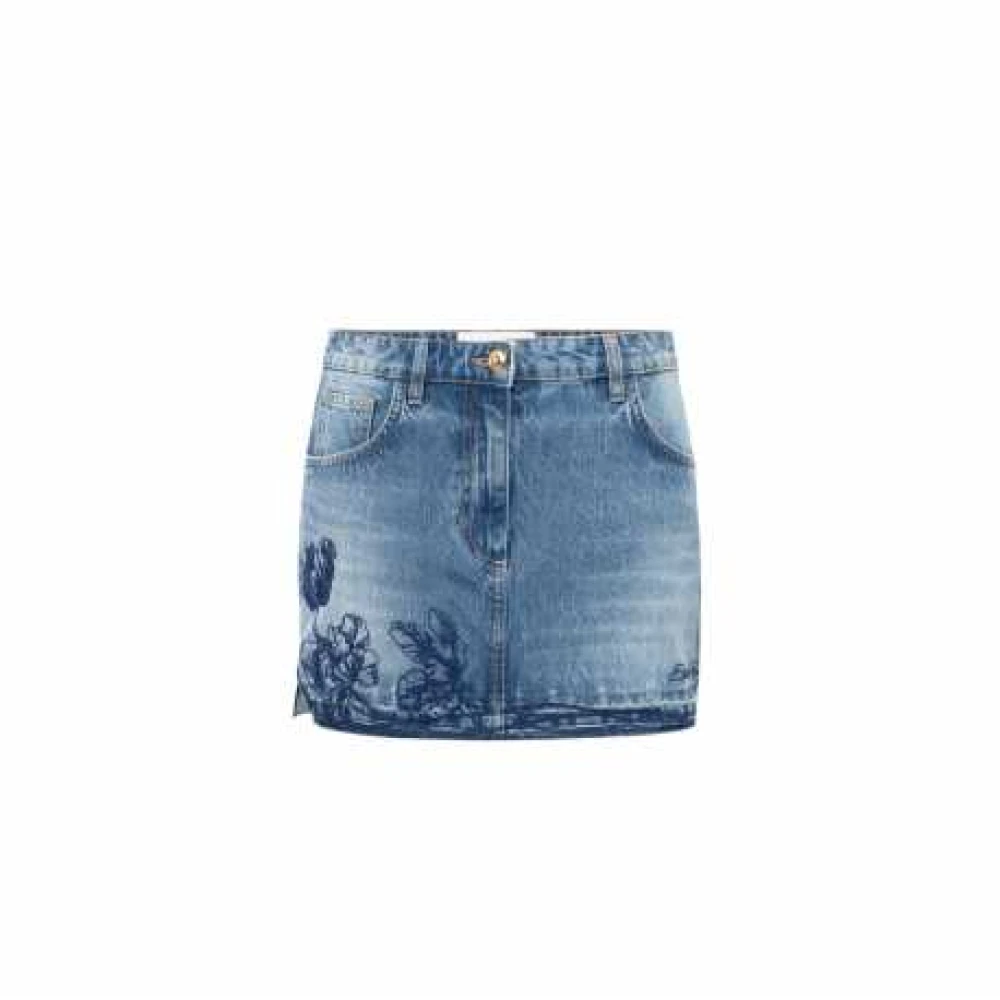 Elisabetta Franchi Women's Blue Embroidered Floral Denim Mini Skirt - Denim Skirts - L - Skirts