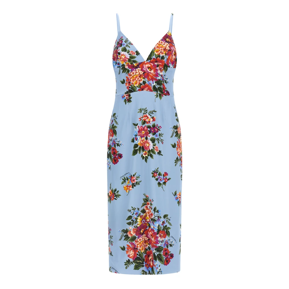 Dolce & Gabbana Women's Blue Midi Dresses, M, Flower Bouquet-Print Satin Dress