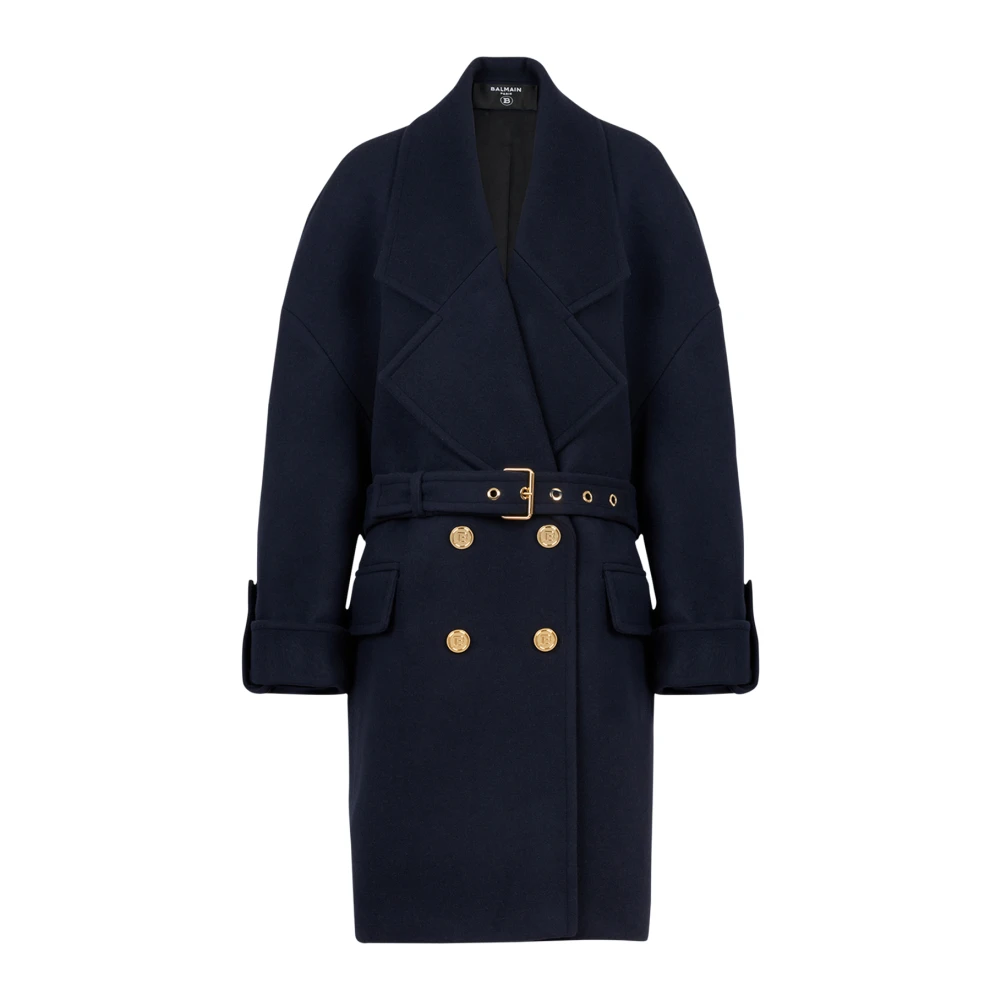 Balmain Wool and cashmere pea coat with double-breasted gold-tone buttoned fastening Blue, Dam
