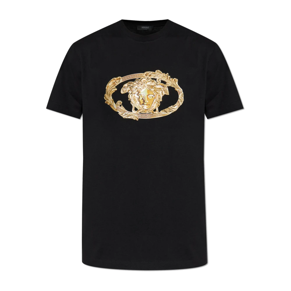Versace Herr Svart Toppar M, Bomull, T-Shirt Med Skimrande Applikationer