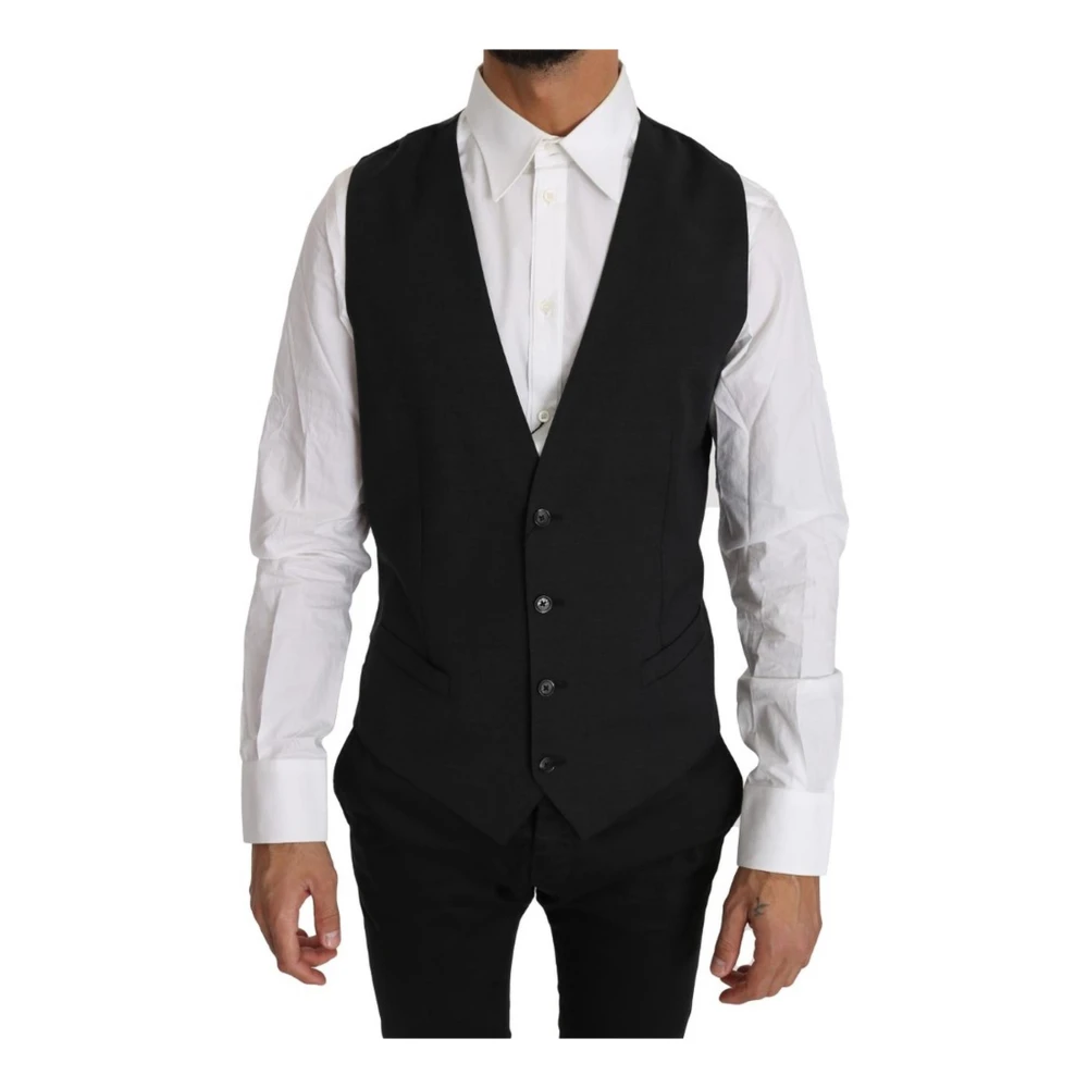 Dolce & Gabbana Men's Black Gray Wool Formal Slim Fit Vest - Waistcoats - L - Suits
