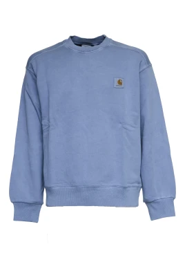 Långärmad sweatshirt med ribbstickad krage, muddar och fåll, logopatch på bröstet, oversized passform