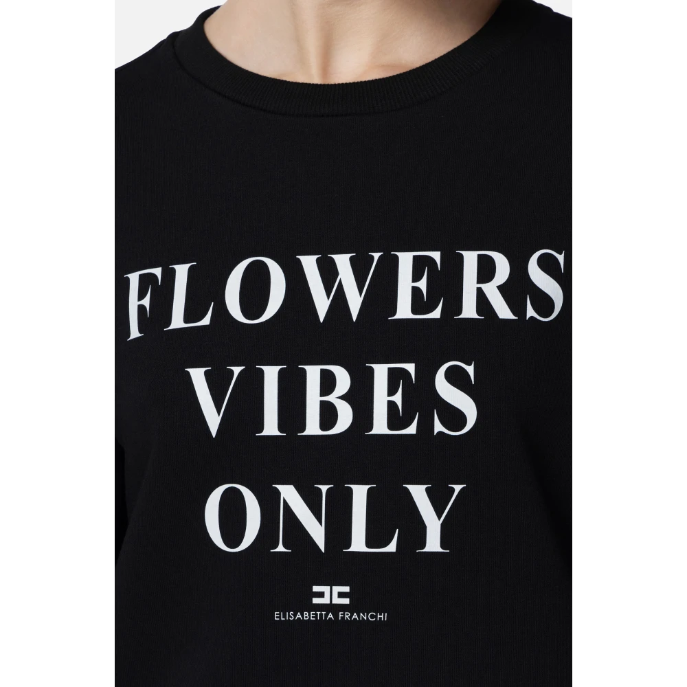 Elisabetta Franchi Zwart Sweatshirt met Print en Satijnen Banden Black Dames
