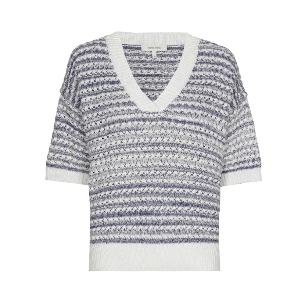 Marie Méro V-ringad Stickad Pullover med Kontrastkrage Blue, Dam