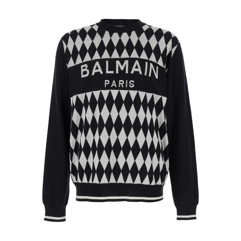 Balmain Diamant Jacquard Crewneck Sweater Wit White Heren