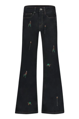 Broderade Reliker Rå Denim Flare Jeans