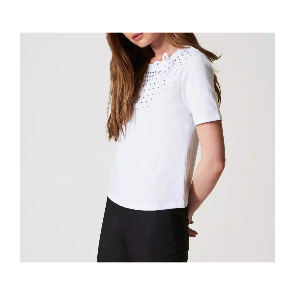 Twinset Reguliere T-shirt met Strass en Bloem White Dames