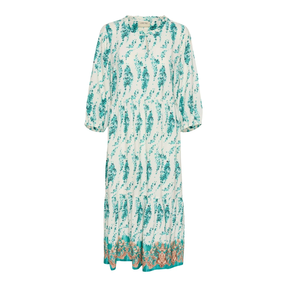 Cream Women's Blue Midi Dresses, Xl, Ethnic Flower Flounce Dress