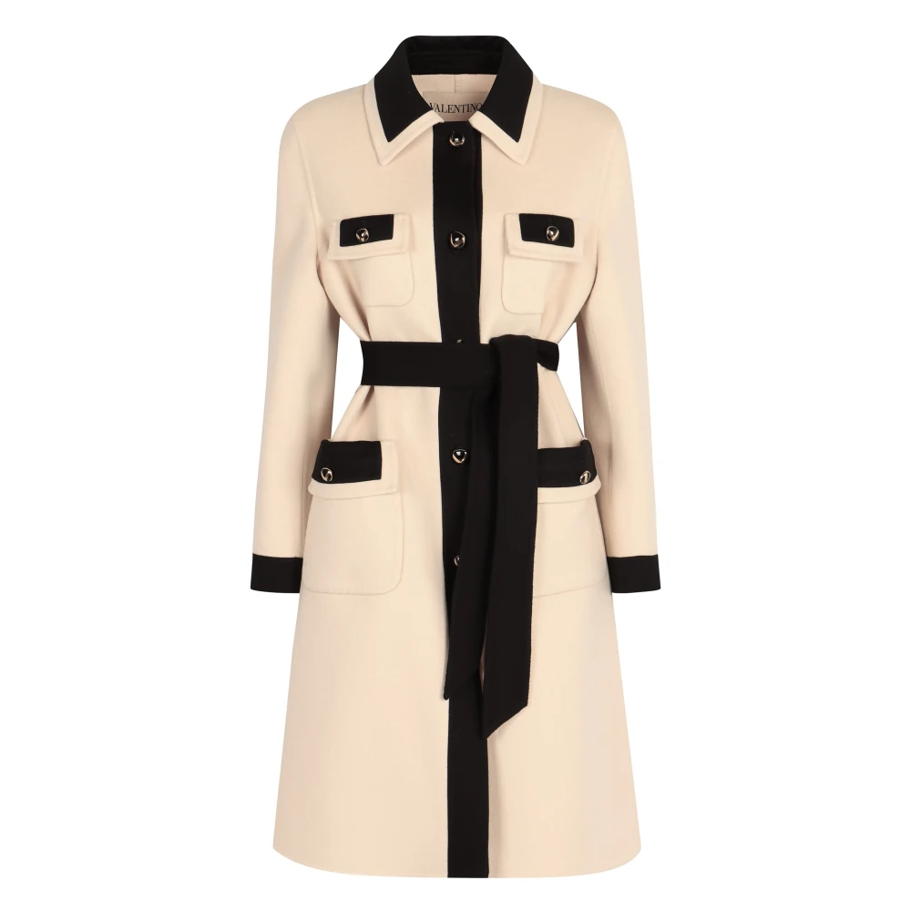 Valentino Garavani Beige Belted Coats, Female, S, Wool Cashmere Coat Belted Pockets