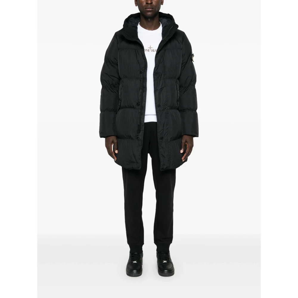 Stone Island Lange Zwarte Crinkle Jas Black Heren