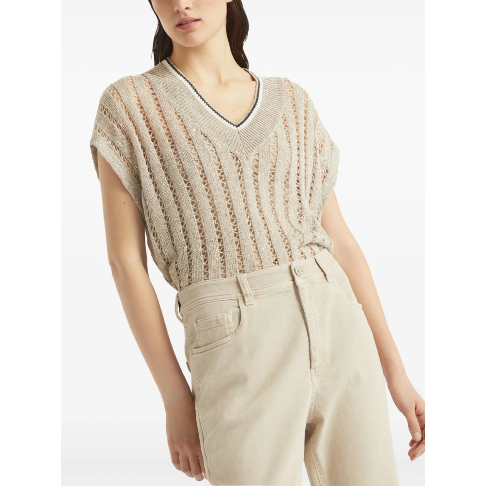 BRUNELLO CUCINELLI Beige Paillet Trui V-Hals Dazzling Gebreid Beige Dames