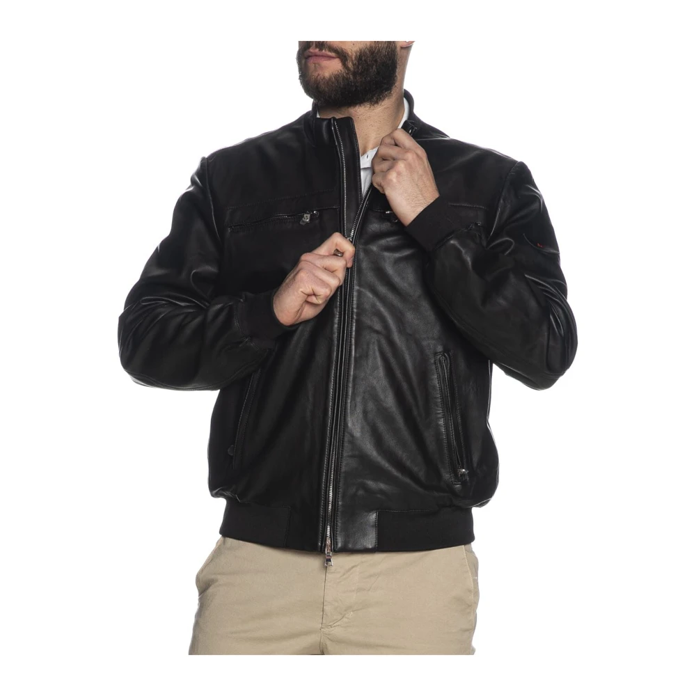 Peuterey Zwarte leren jas Black Heren