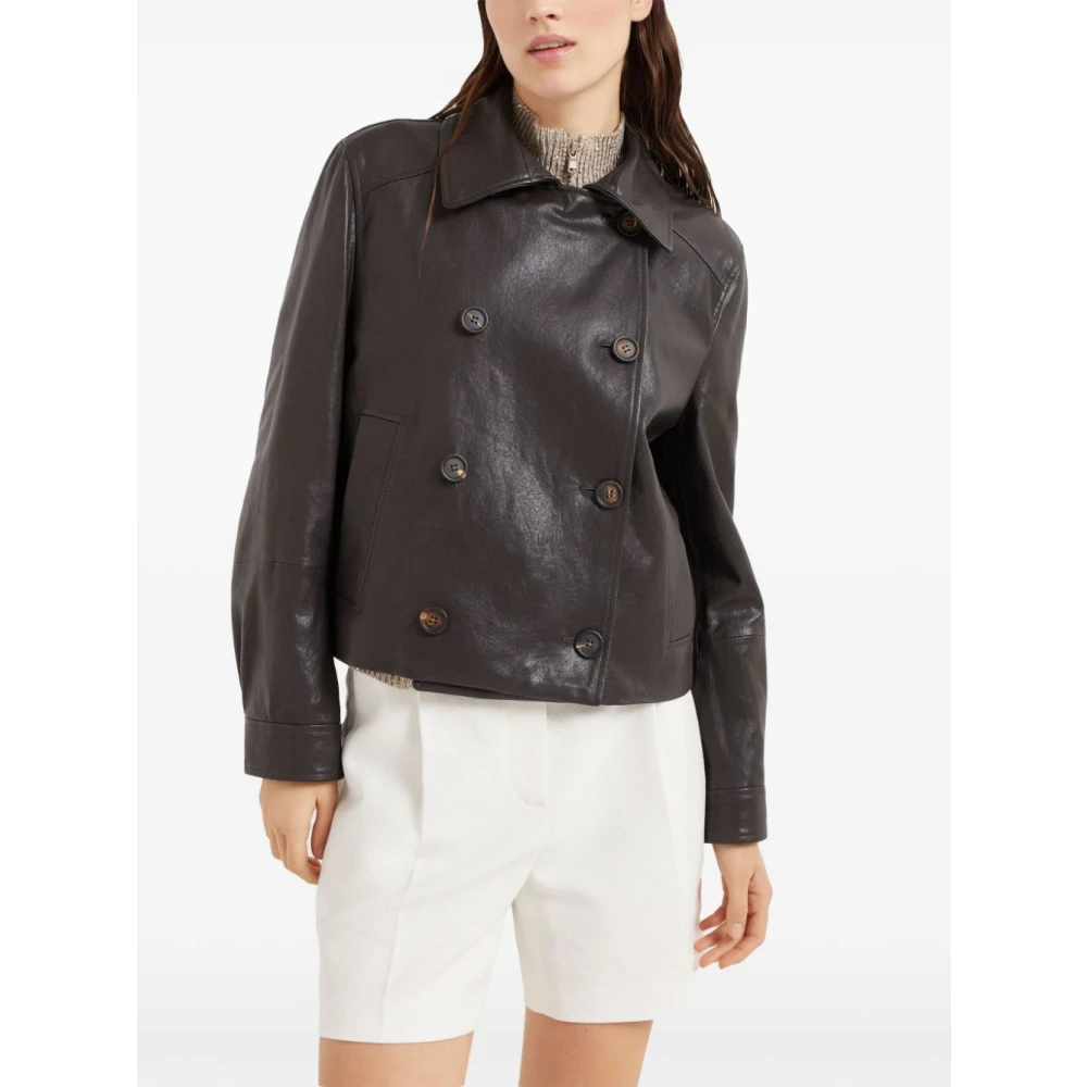 BRUNELLO CUCINELLI Donkerbruine Dubbelborst Leren Jas Brown Dames