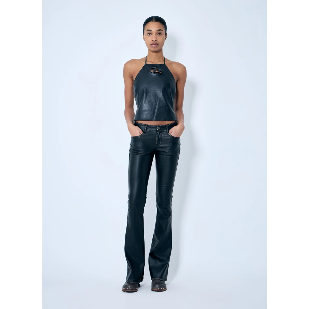 Diesel Leren Halternek Top met Logo Plaque Black Dames