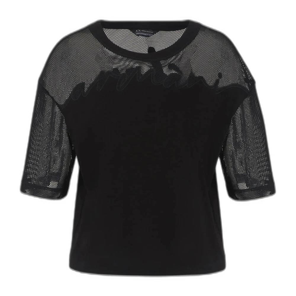 Armani Exchange Zwarte Geknipte Biologische Katoenen T-shirt met Mesh Detail Black Dames