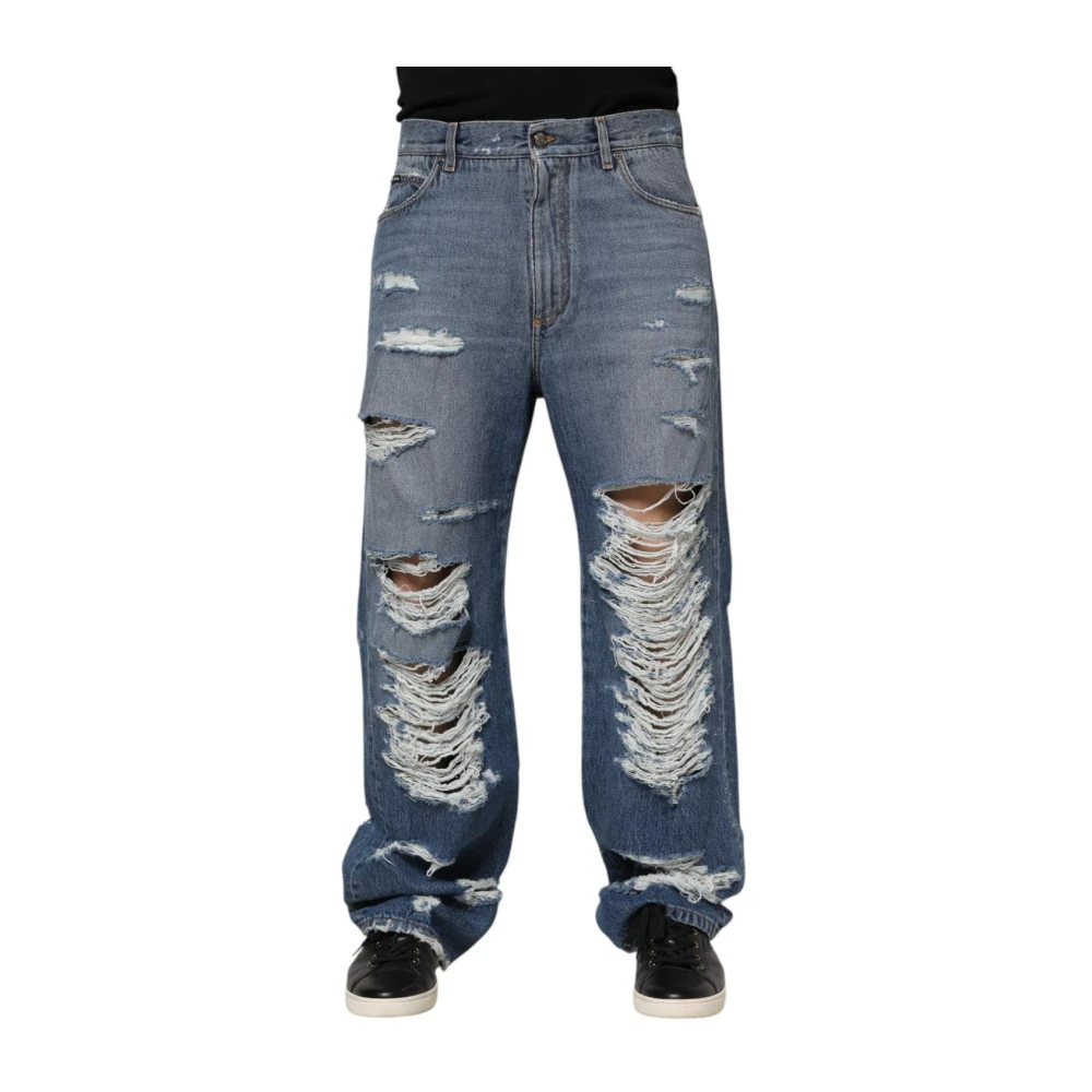 Dolce & Gabbana Men's Blue Tattered Logo Plaque Denim Jeans