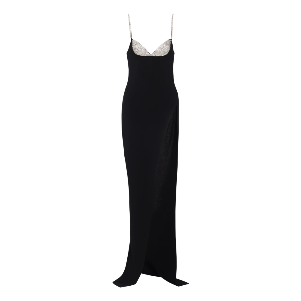 Balmain Donna Nero Abito Lungo In Maglia Ricamata Con Spacco Sulla Gamba