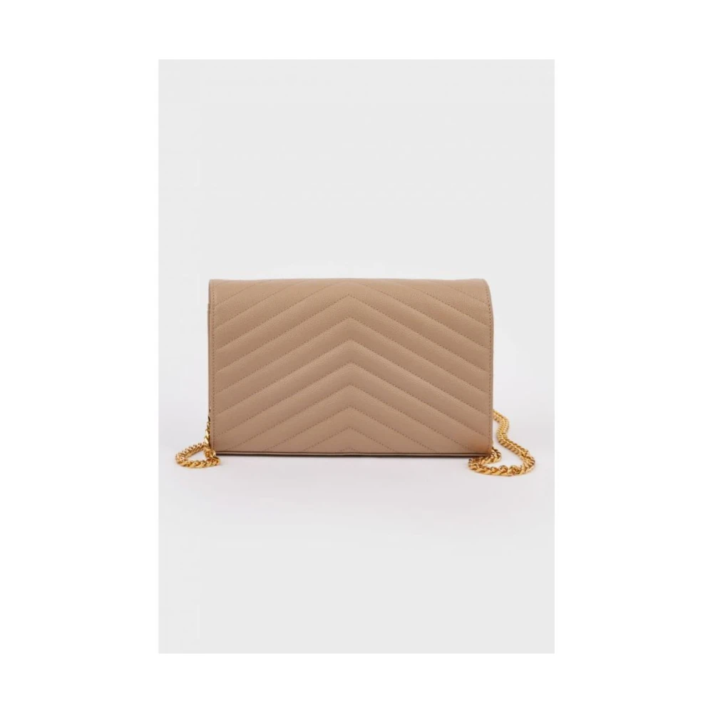 Saint Laurent Monogram Chain Wallet In Grain De Poudre Embossed Leather Beige Dames