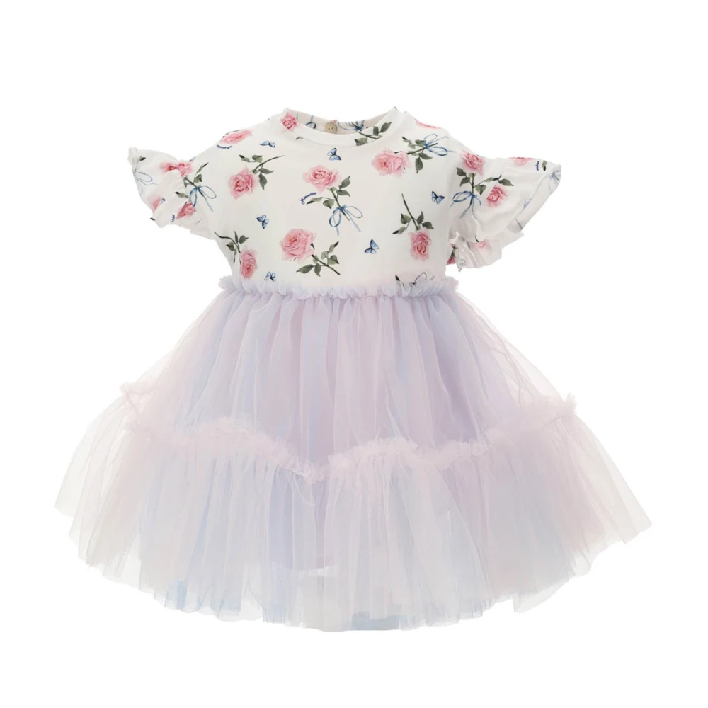 Monnalisa Girls White Dresses, 6 M, Printed Cotton Tulle Dress