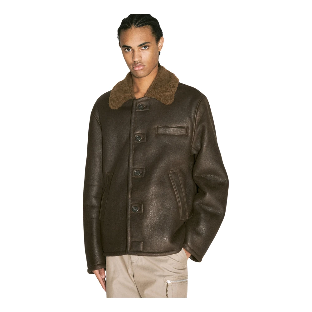 Our Legacy Leren Jas met Shearling Kraag Brown Heren