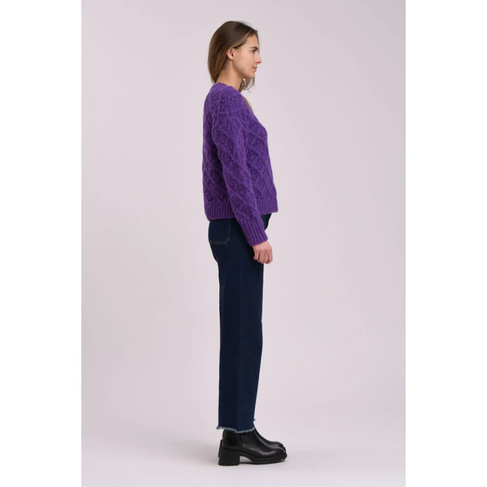 La Fée Maraboutée Paarse ronde hals trui met fantasiebreisel Purple Dames