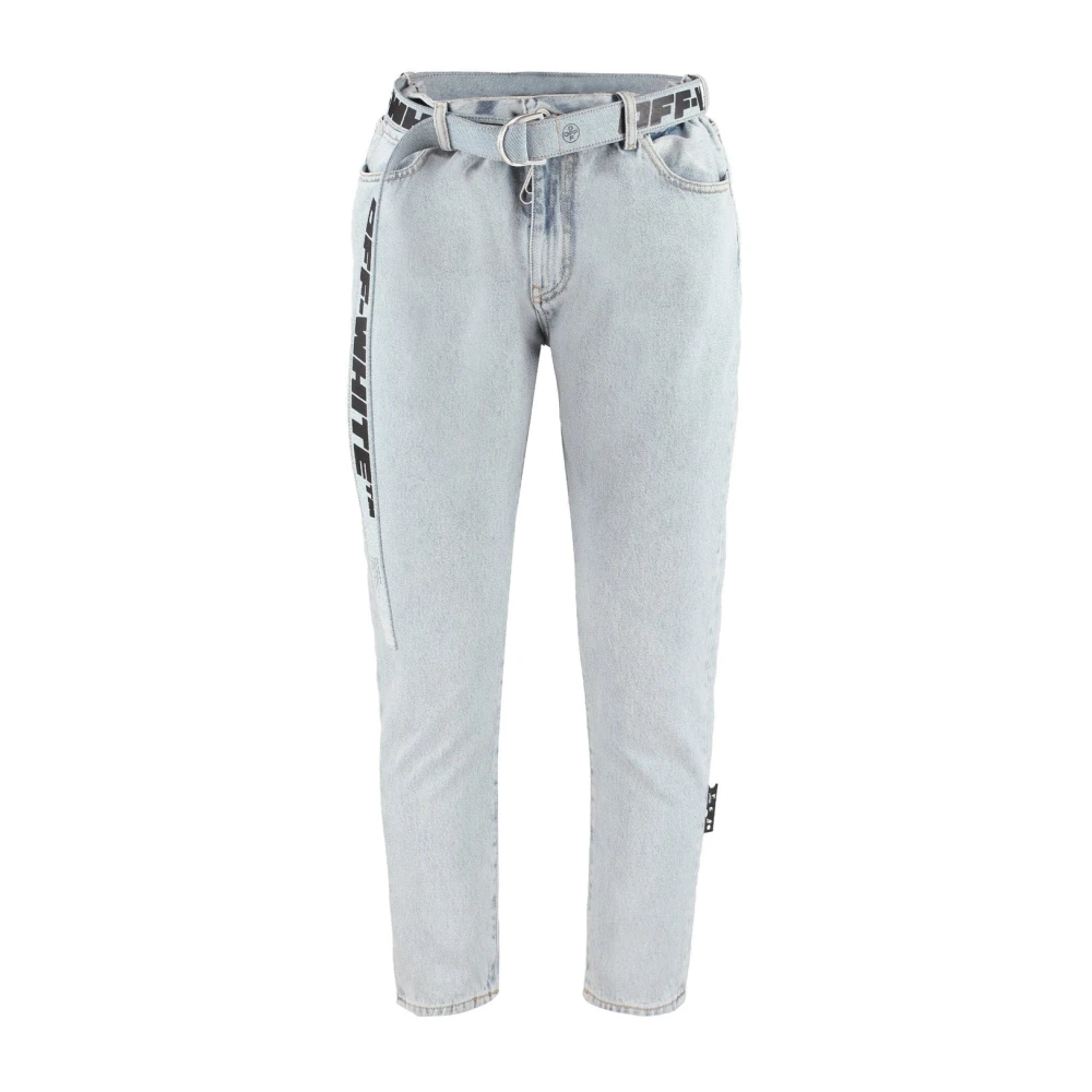 Off White Denim Jeans med Bälte och Elastisk Midja Blue, Herr