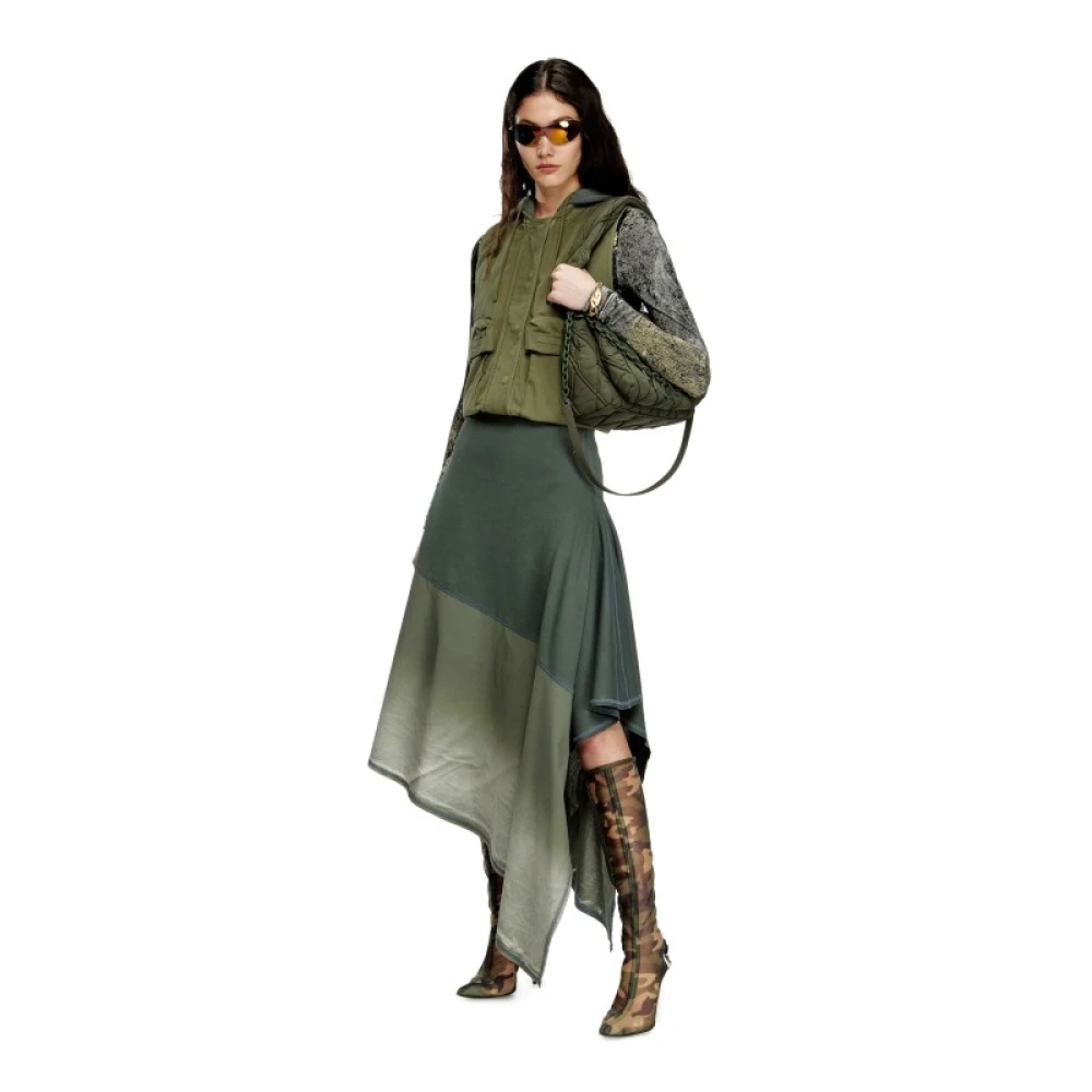 Diesel Asymmetrische Midi Rok van Viscose Satijn Green Dames