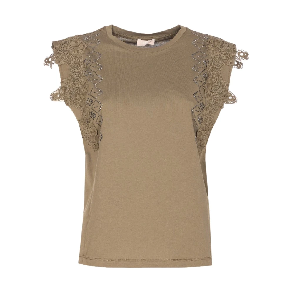 Liu Jo Kvinno Grön Toppar Dam, M, Bomull, T-Shirt Med Macramédetaljer