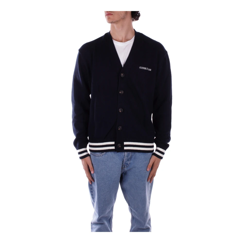 Guess Blauwe Cardigan met Voorlogo Knoop Blue Heren