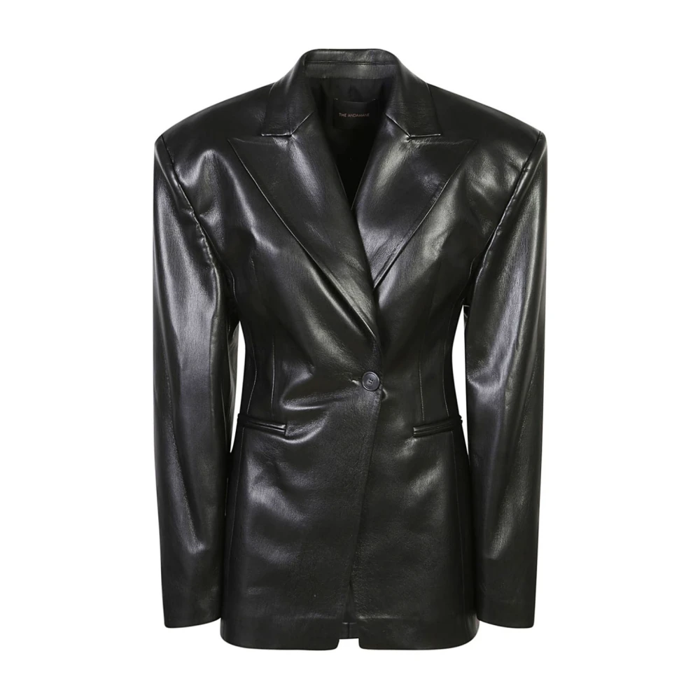 Andamane Zwarte leren blazer met puntige revers Black Dames