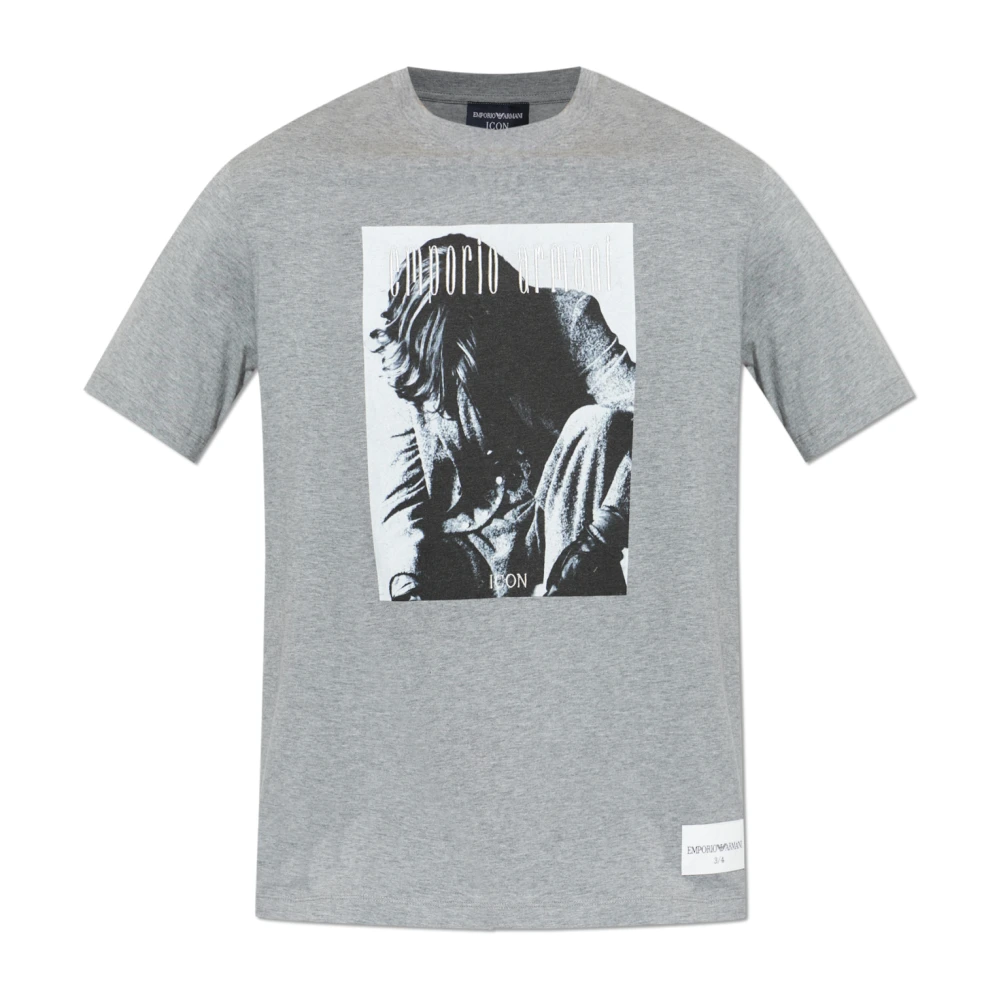 Emporio Armani Mannelijk Grijs Tops Heren, L, Katoen, Icon Jersey T-Shirt Met Fotografische Print En Borduursel