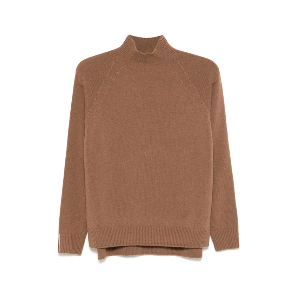 PESERICO Geribbelde Kamelen Trui met Mock Neck Brown Dames