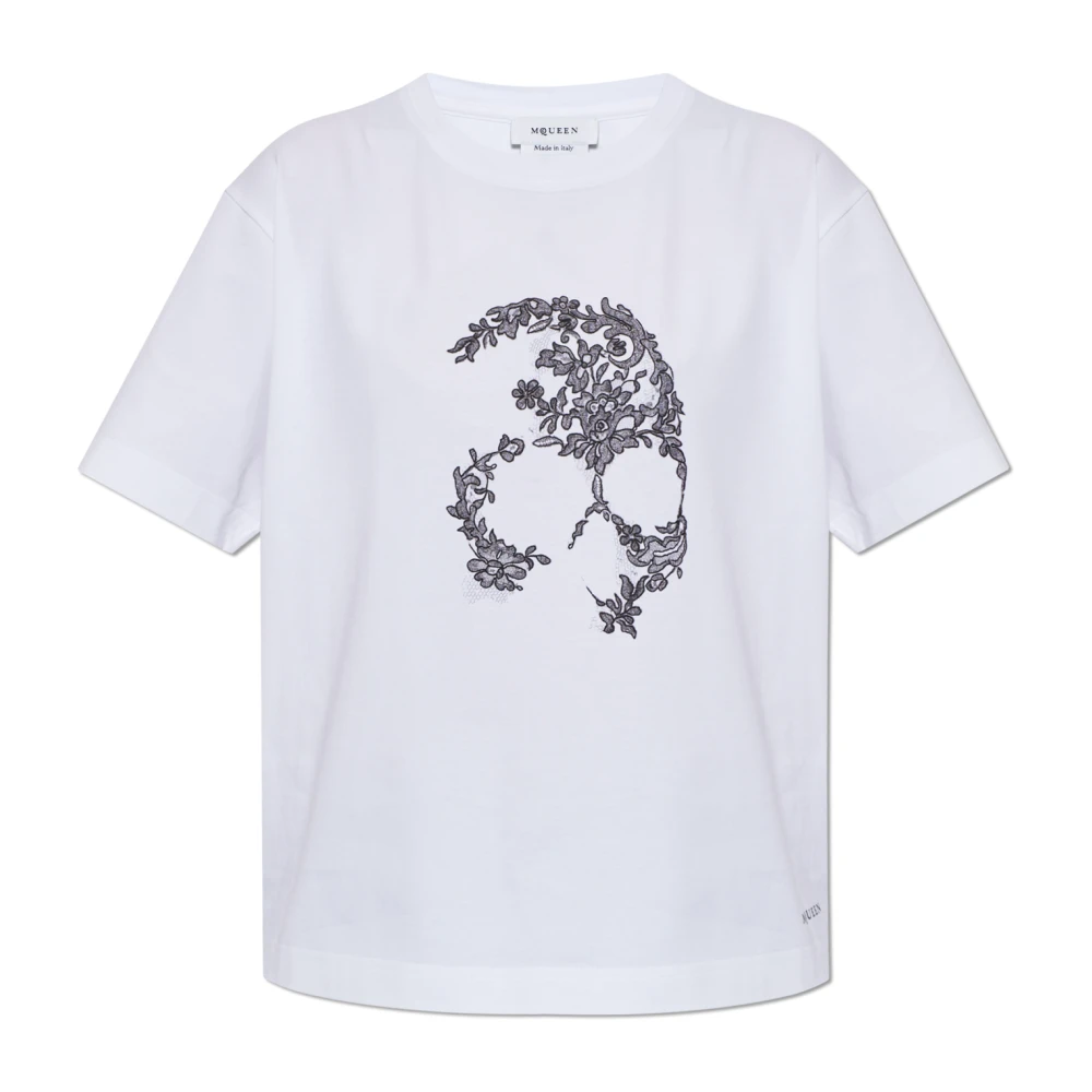 Alexander Mcqueen Women's White T-Shirt With Signature Skull Motif