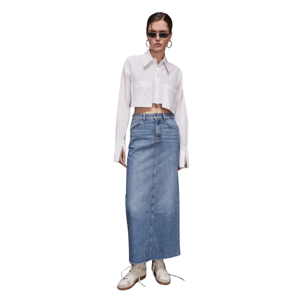 PATRIZIA PEPE Denim Maxi Rok met Diepe Split Blue Dames