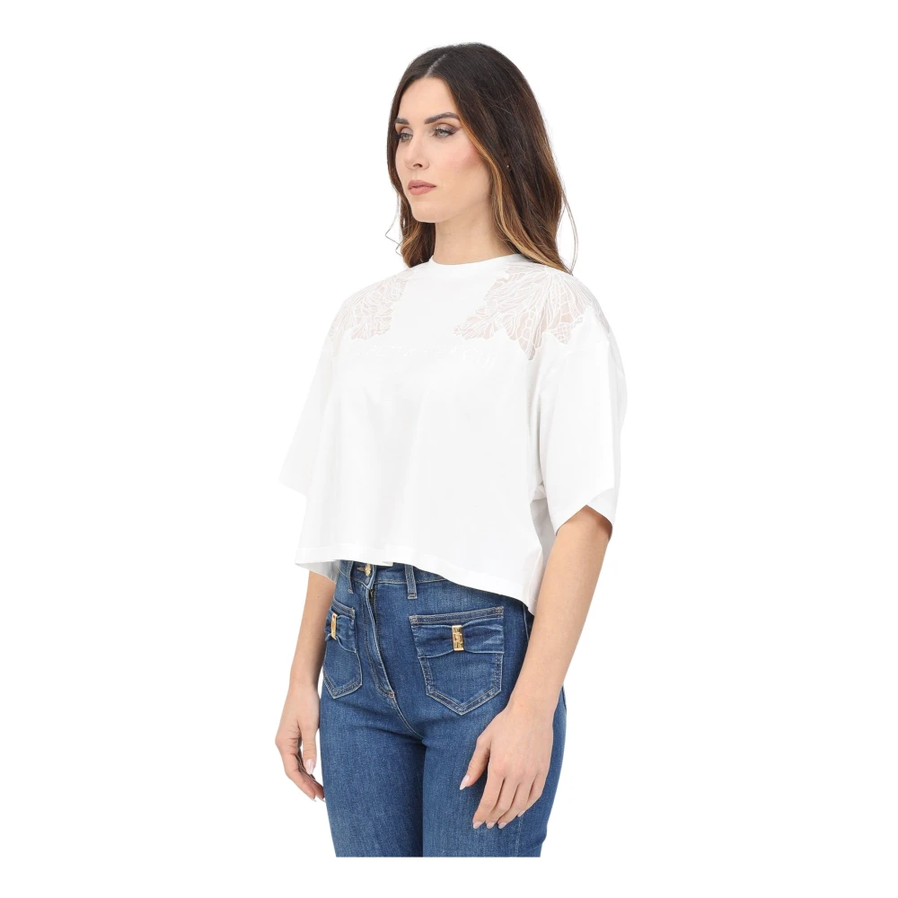 Elisabetta Franchi Moderne Cropped T-shirt met Bloemenkant White Dames