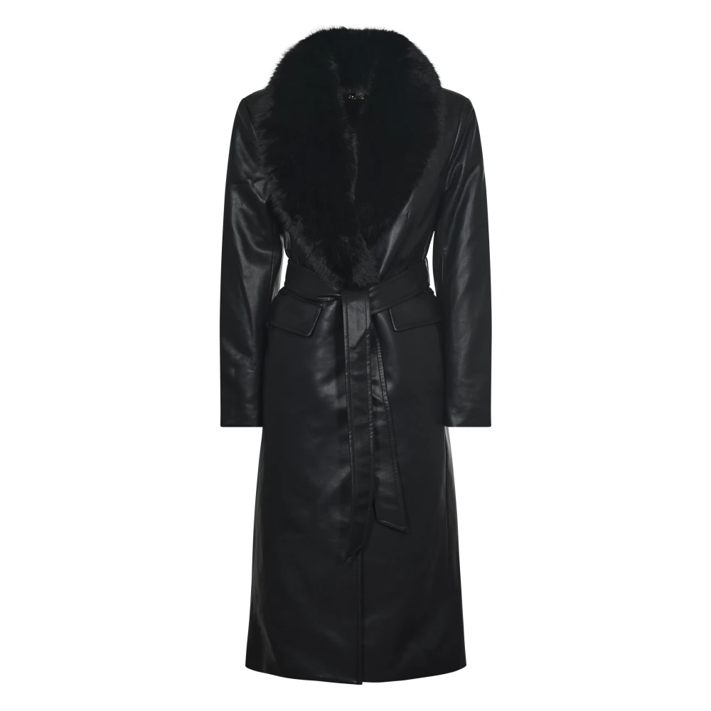 Faux Leather Robe Coat med Faux Fur Krage