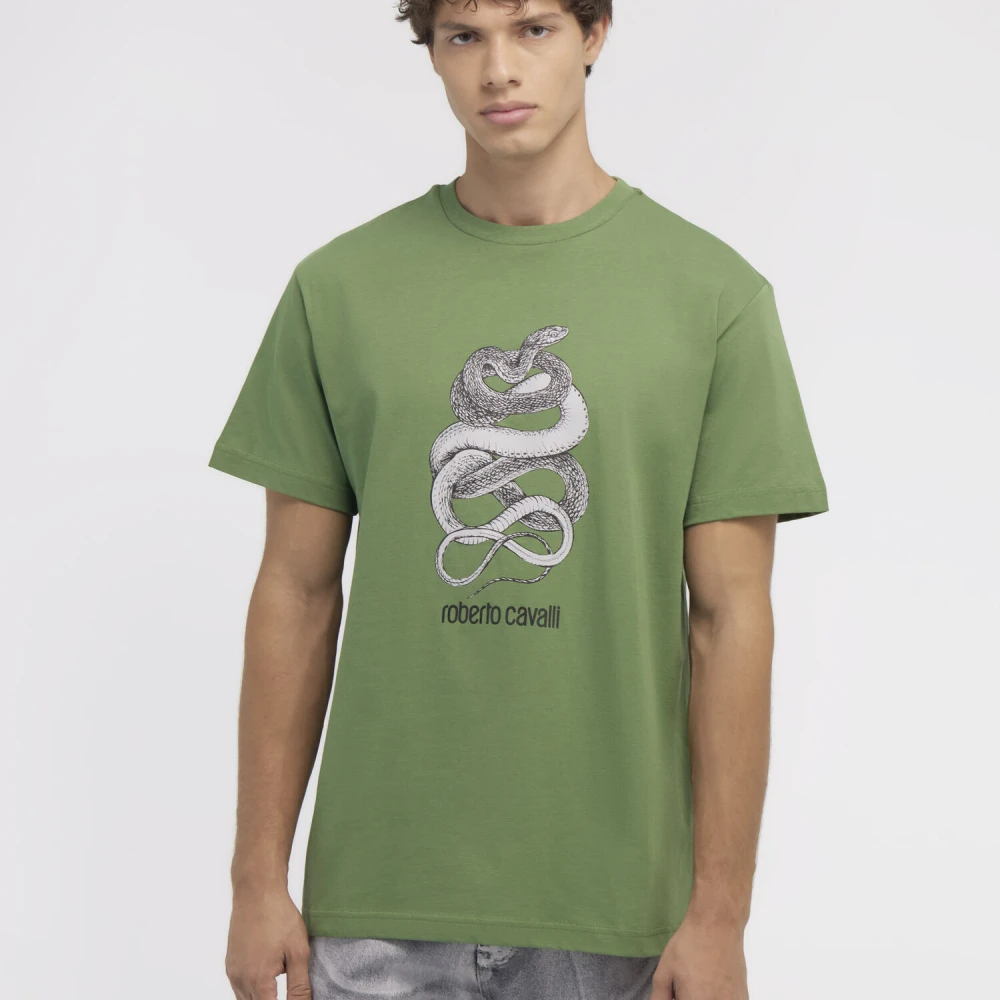 Roberto Cavalli T-shirt met slangenprint Green Heren