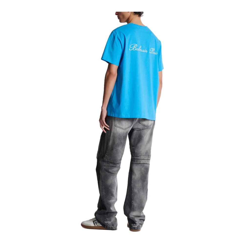 Balmain Relaxed T-shirt met Handtekeningborduursel Blue Heren