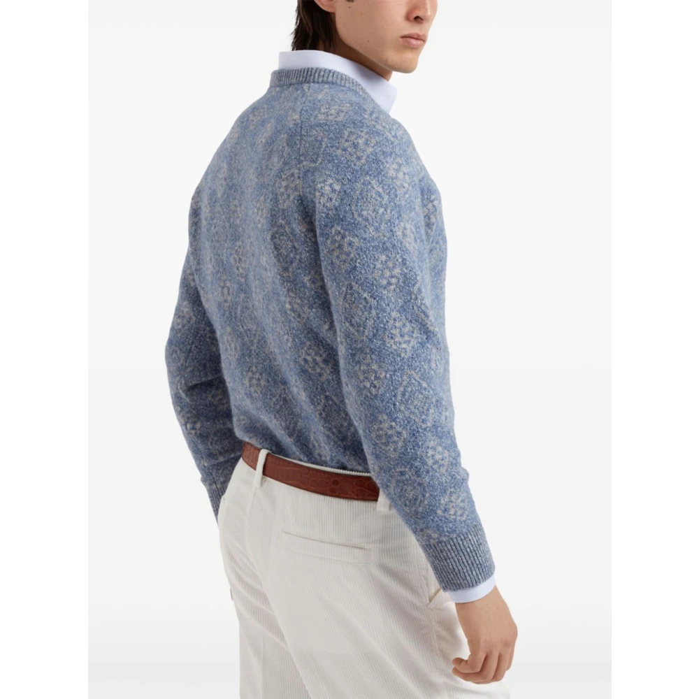 BRUNELLO CUCINELLI Blauwe Intarsia Gebreide Trui Blue Heren