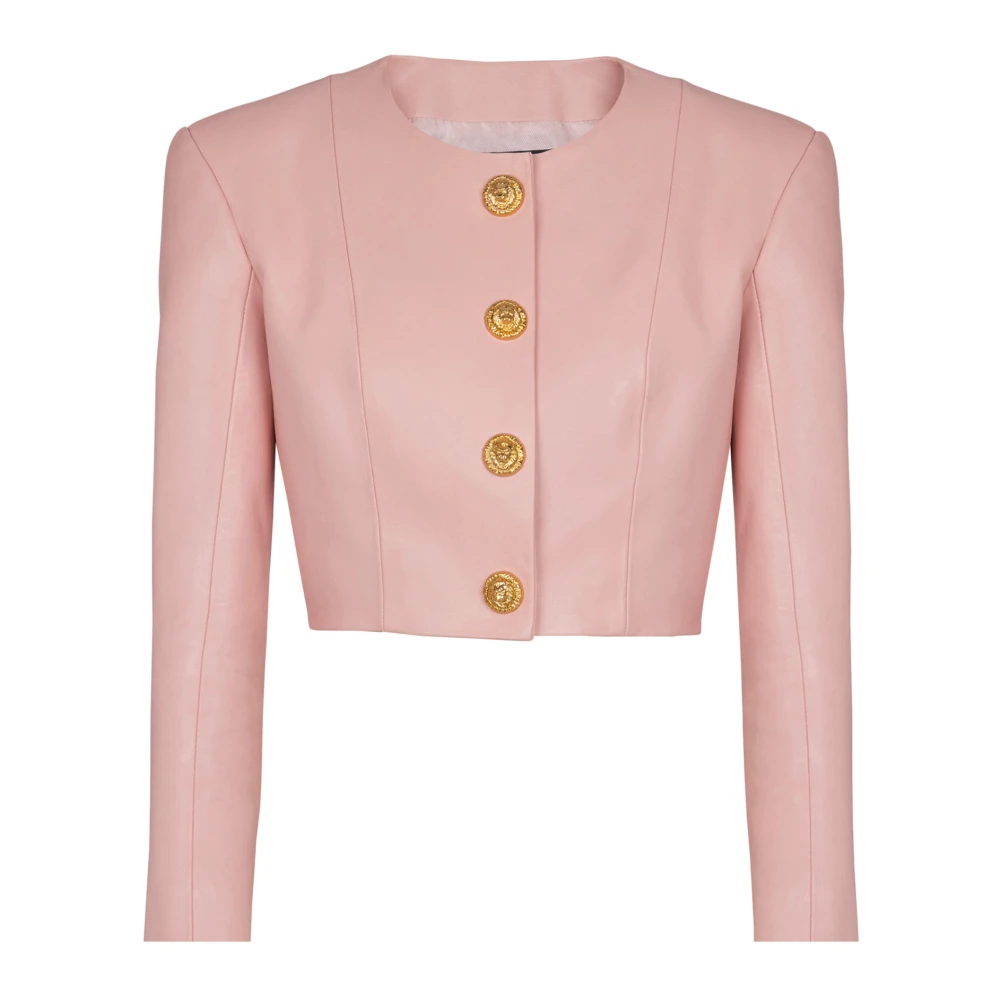 Balmain Pink Cropped Lambskin Jacket - Female - Leather Jackets - S - Jackets