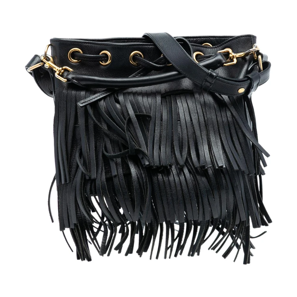 Saint Laurent Vintage Women's Black Pre-Owned Fringe Detailed Leather Bucket Bag