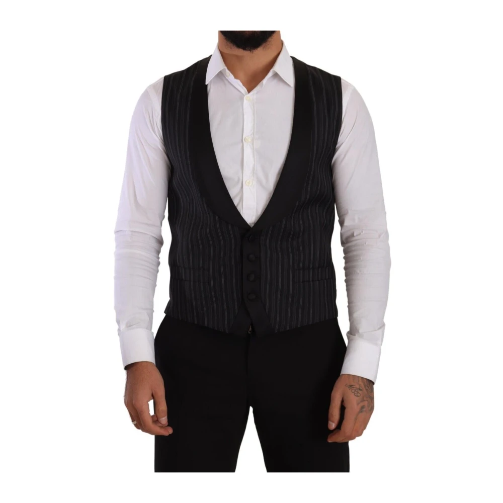 Dolce & Gabbana Men's Black Waistcoats, M, Striped Wool Silk Waistcoat