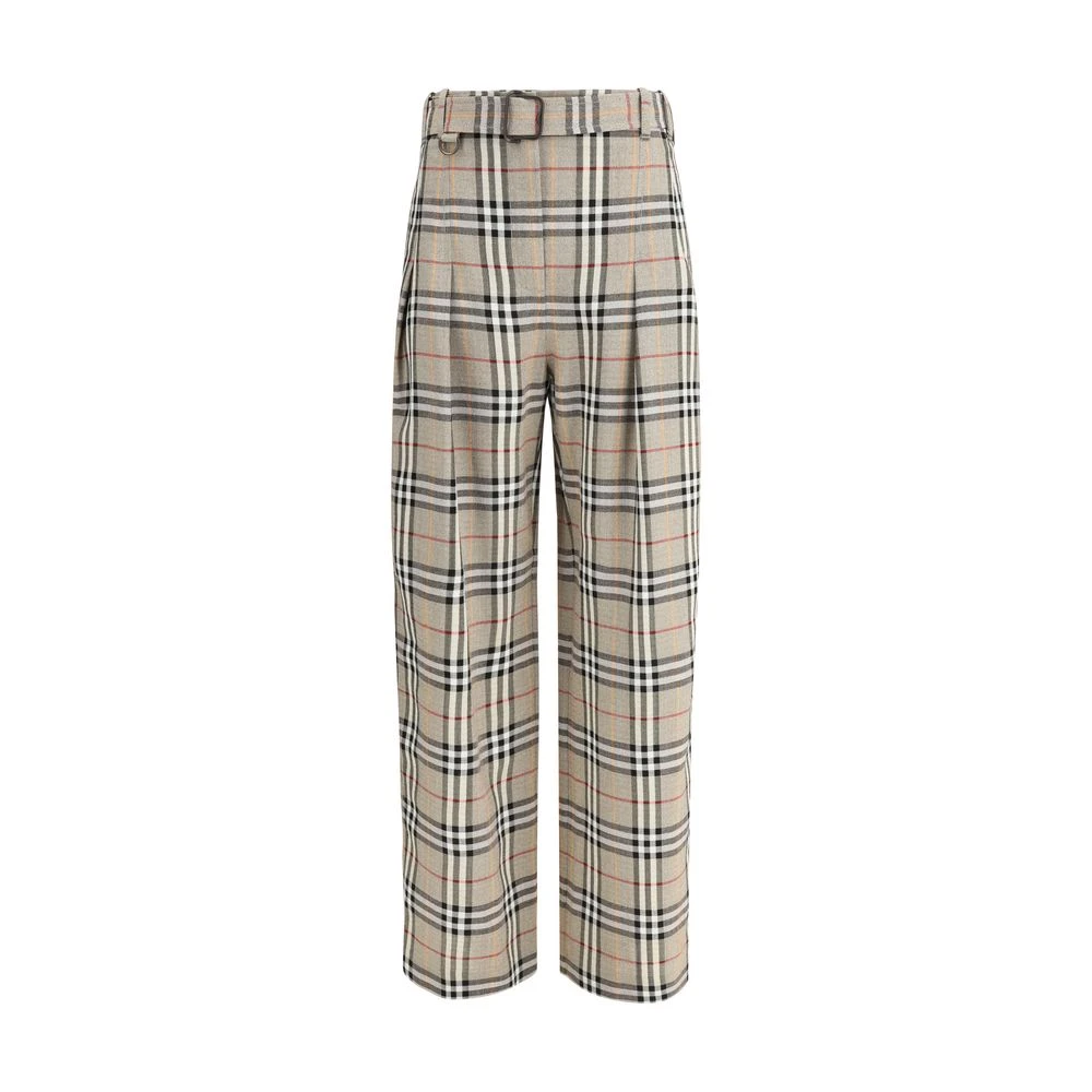 Burberry Women's Beige Straight Trousers, S, Check Archive Silk Blend Trousers