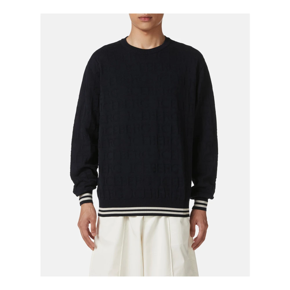 Iceberg Blauwe crewneck sweater van 100% katoen met allover logo Blue Heren