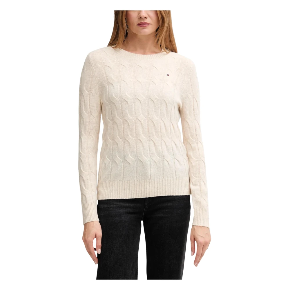 Tommy Hilfiger Women's Beige Soft Wool Cable Knit Jumper - Round-Neck Knitwear - L - Knitwear