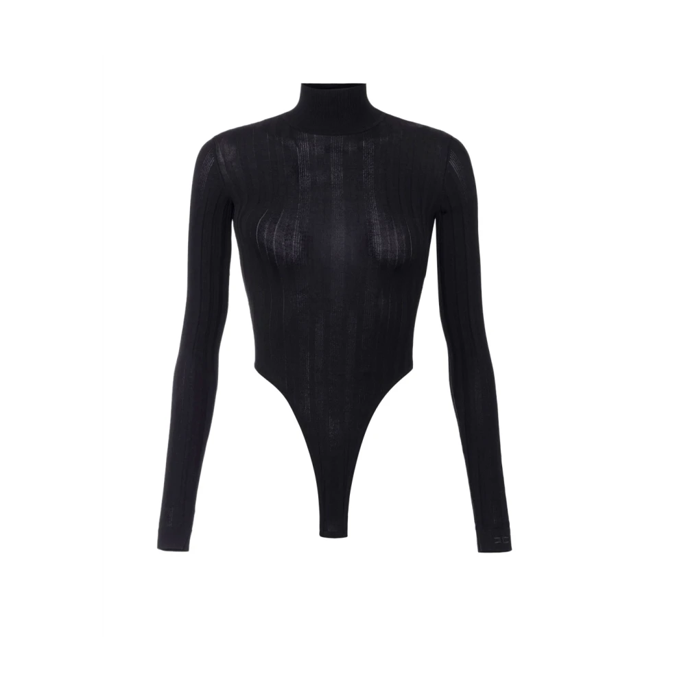 Elisabetta Franchi Zwarte Geribbelde Hoge Nek Body Top Black Dames