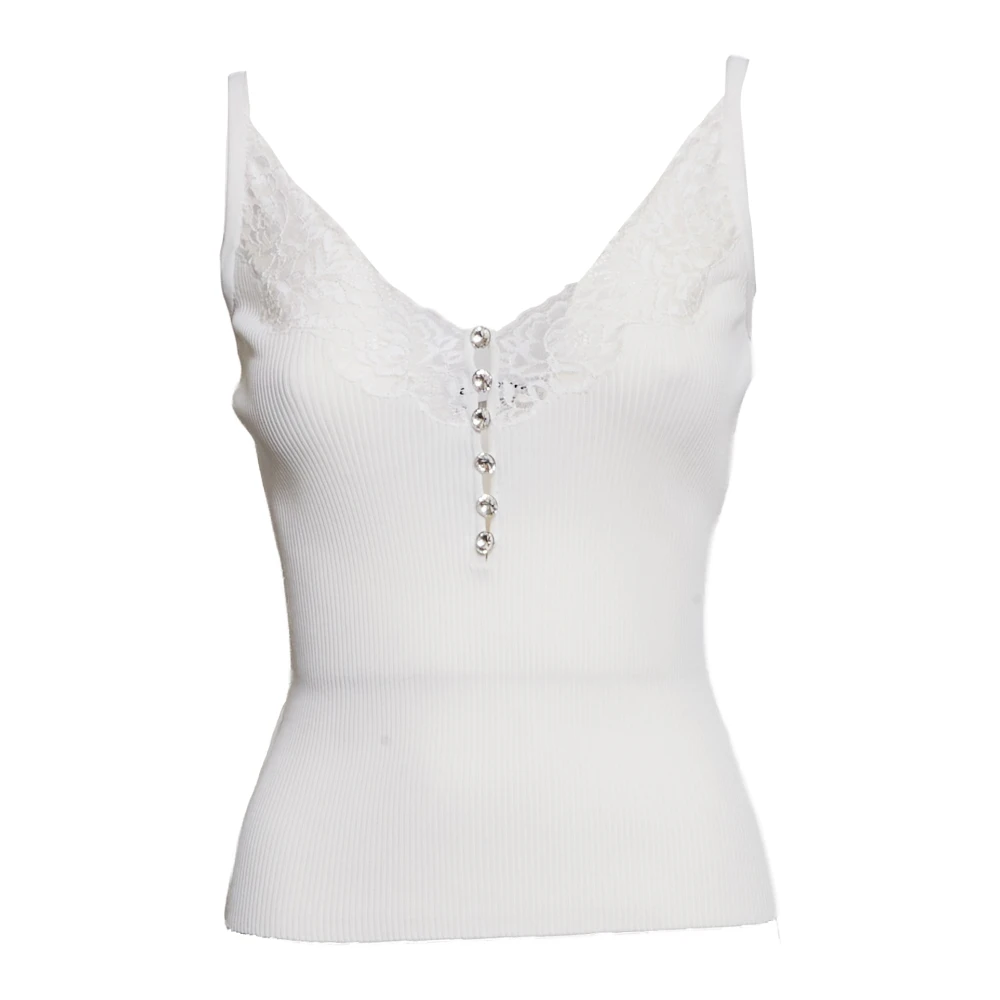 Self Portrait Women's White Lace Trim Rib Knit Top