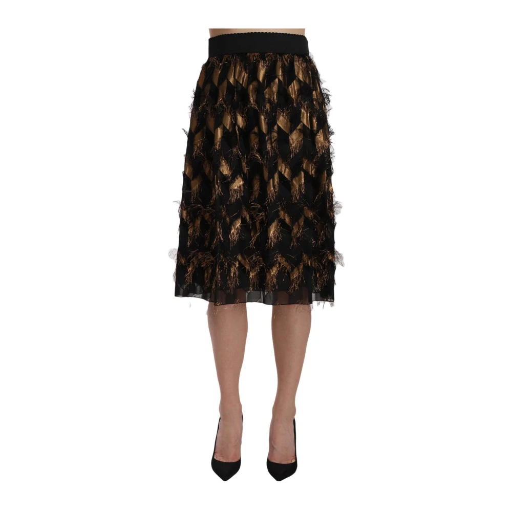 Dolce & Gabbana Women's Multicolor Midi Skirts, L, Black Gold Elastic High Waist Skirt