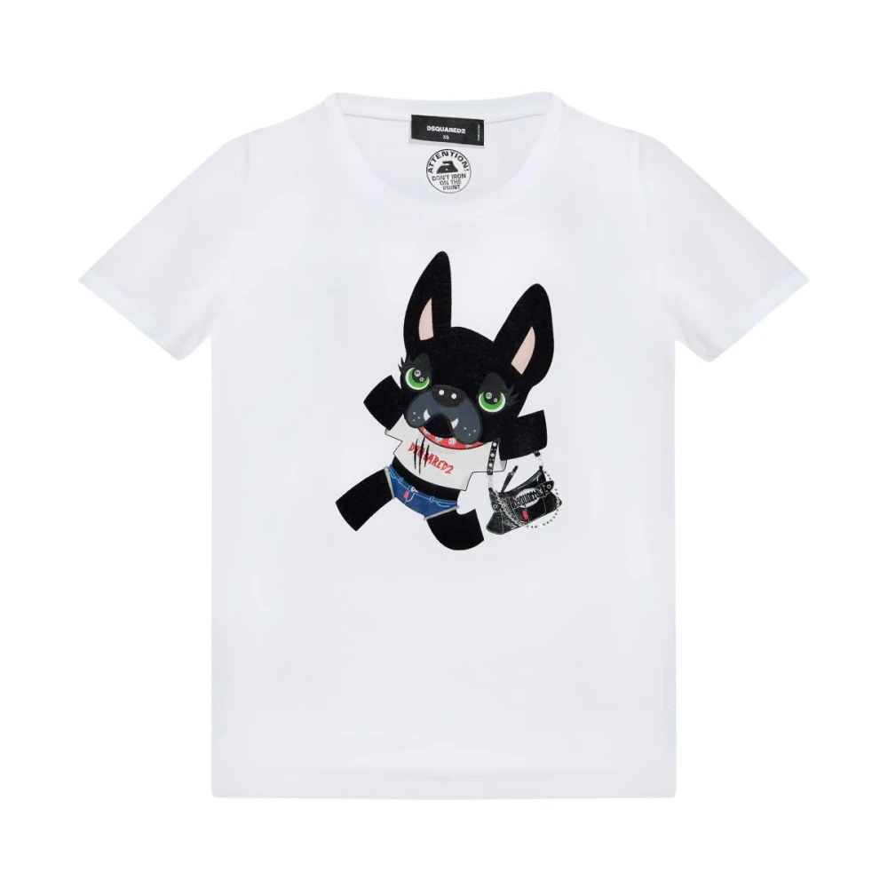 Dsquared2 Women's White T-Shirts,, Dog Print Crew Neck T-Shirts Polos Small