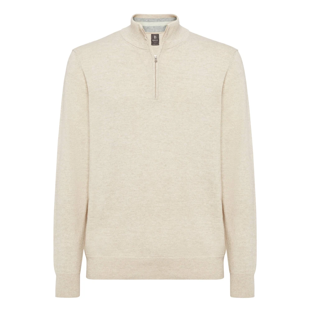 Boggi Milano Cashmere Blend Half Zip Jumper Beige, Herr